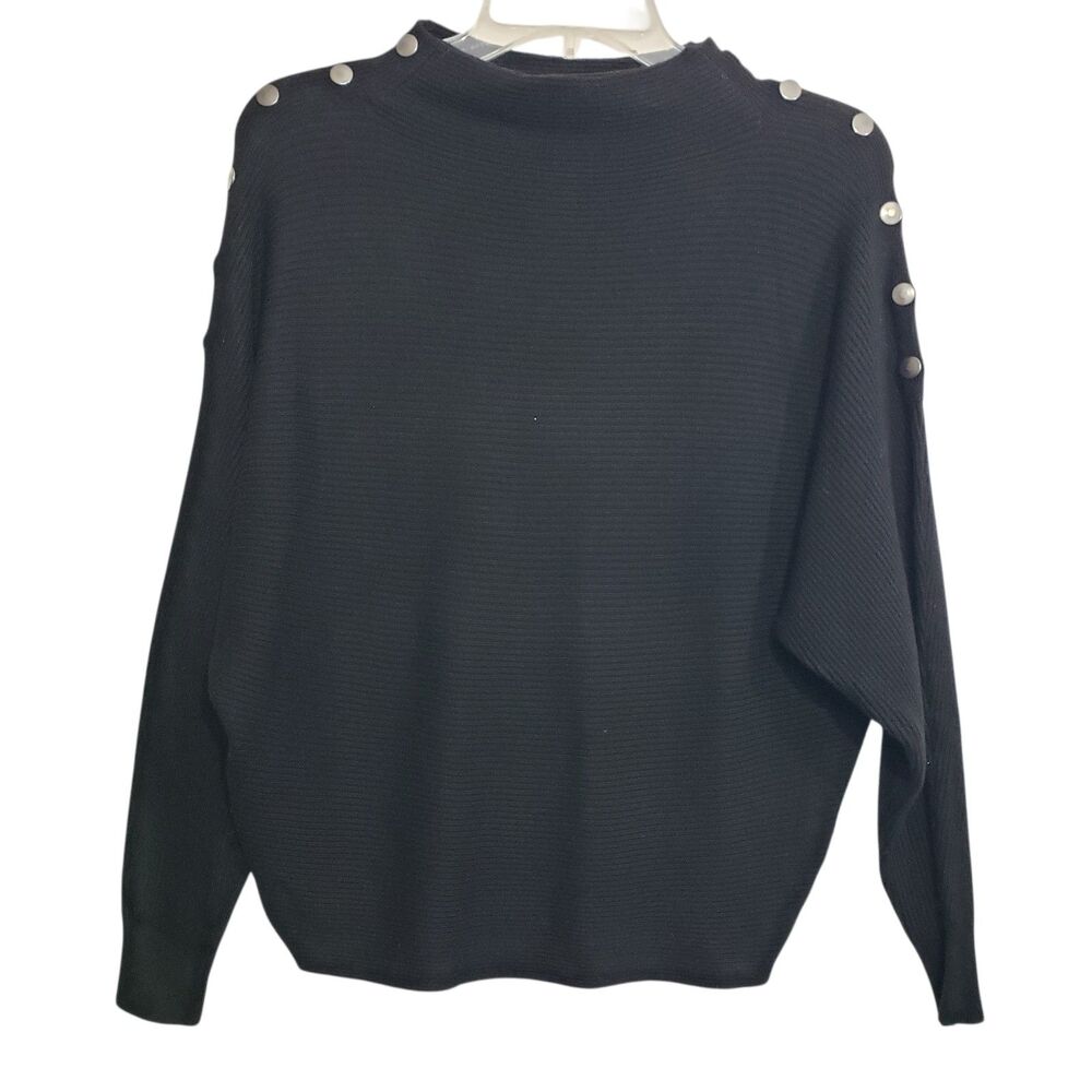 Beautiful Tahari Women's Small Black Ribbed Mock Neck Sweater with Button Decor